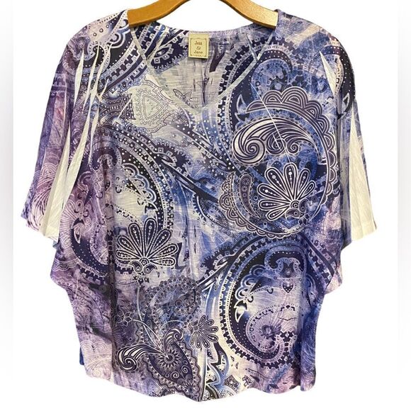 Jess & Jane Sz S Purple Abstract Pleated Bat Wing Sleeves Flowy Relaxed Fit Top - Picture 1 of 5